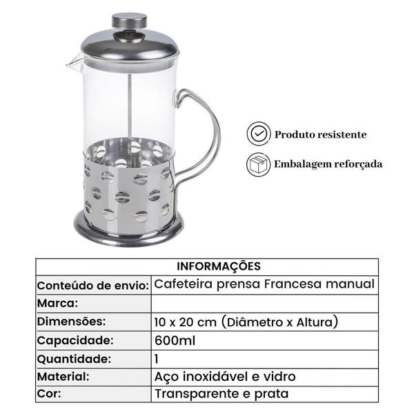 Imagem de Cafeteira francesa em inox luxo 600ml praticidade e elegância para seu café