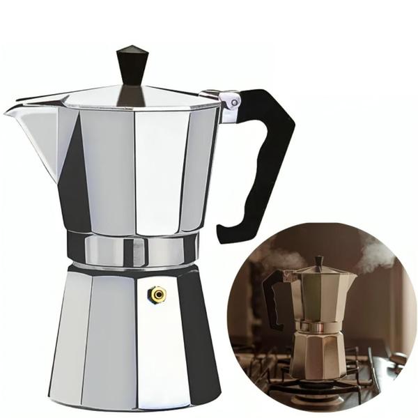 Imagem de Cafeteira Italiana 3, 6,9 Xicaras Expresso Manual Aço Alumínio Café Chá Com Filtro