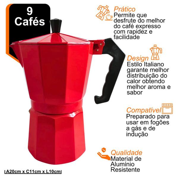 Imagem de Cafeteira Italiana manual para 9 cafés de aluminio vermelha