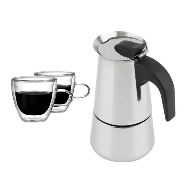 Imagem de Cafeteira Italiana Moka 450Ml + 2 Canecas Vidro Duplo 120Ml