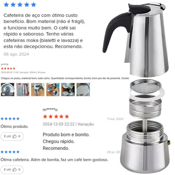 Imagem de Cafeteira Italiana Pressão Moka Aço Inox Premium 6 Xícaras Premium Forte Tradicional Verdadeiro Café Italiano