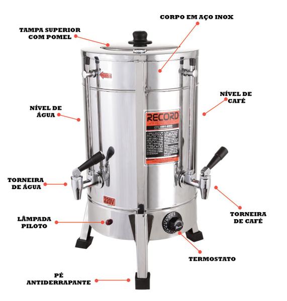 Cafeteiras Comercial Cilíndrica Inox 4 Litros Record 220V Imagem de Cafeteiras Comercial Cilíndrica Inox 4 Litros Record 220V