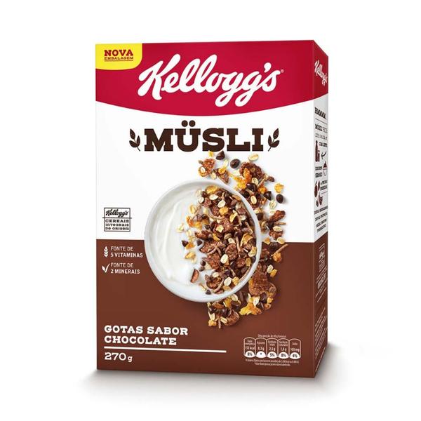 Imagem de Caixa 24 Unidades Cereal Matinal Musli Kelloggs com Gotas Sabor Chocolate e Cereais Integrais 270g -  Kit com 24x270g