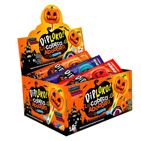 Imagem de Caixa 30X10g Pirulito Dip Loko Neon Pumpkin Doce Guloseima Saboroso Halloween