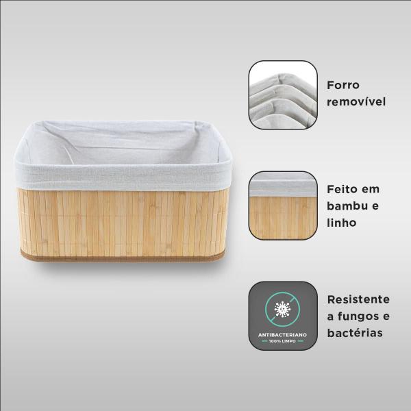 Imagem de Caixa Cesto Organizador em Bambu Natural Com Tecido Linho 37x26cm Retangular Organização Casa