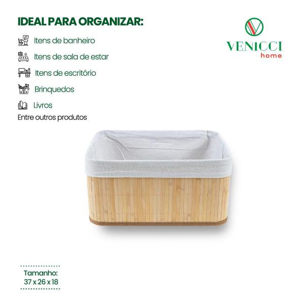 Imagem de Caixa Cesto Organizador em Bambu Natural Com Tecido Linho 37x26cm Retangular Organização Casa