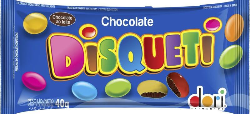Caixa Com 18 Unidades De Disqueti De Chocolate Confeitado Crocante Doces - Dori Imagem de Caixa Com 18 Unidades De Disqueti De Chocolate Confeitado Crocante Doces