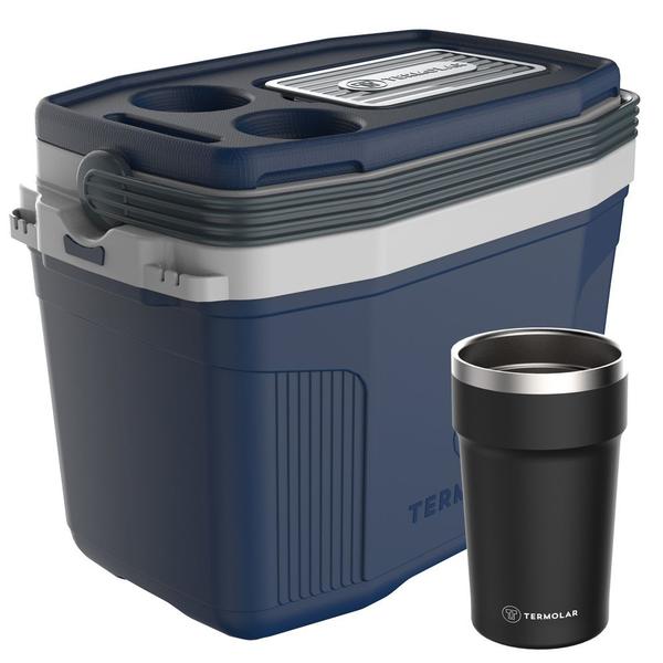 Imagem de Caixa Cooler Térmico Azul 20L Cabe 26 Lata + Copo Inox Preto 500ml Termolar