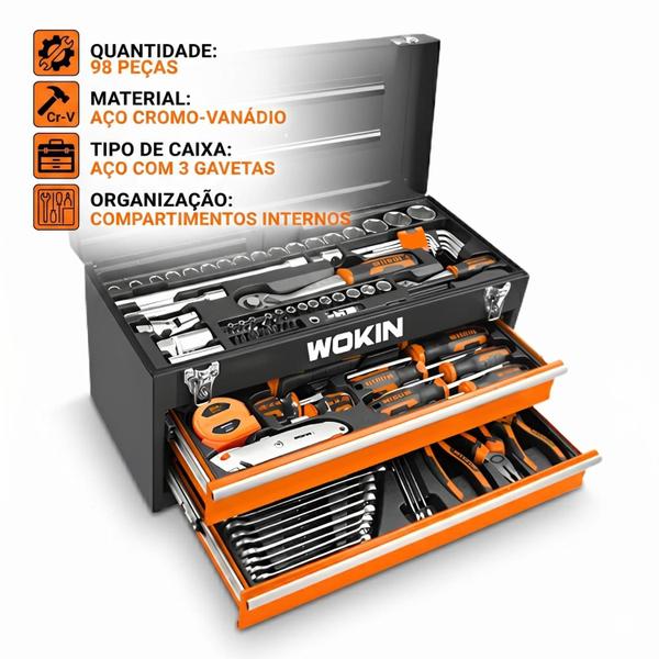 Caixa de Ferramentas de Aço 98 Peças Wokin Tools - Caixa de