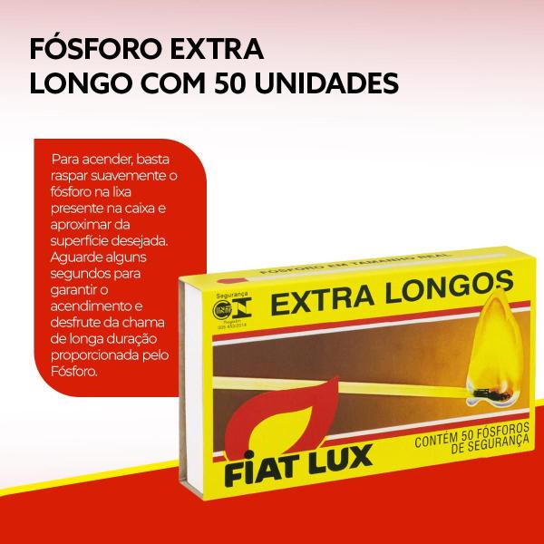 Caixa de Fósforo Fiat Lux Extra Longo com 50 Unidades de 9,4cm de alta resistência e durabilidade Imagem de Caixa de Fósforo Fiat Lux Extra Longo com 50 Unidades de 9,4cm de alta resistência e durabilidade
