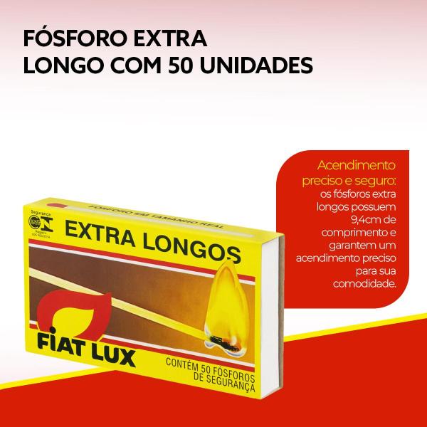 Caixa de Fósforo Fiat Lux Extra Longo com 50 Unidades de 9,4cm de alta resistência e durabilidade Imagem de Caixa de Fósforo Fiat Lux Extra Longo com 50 Unidades de 9,4cm de alta resistência e durabilidade