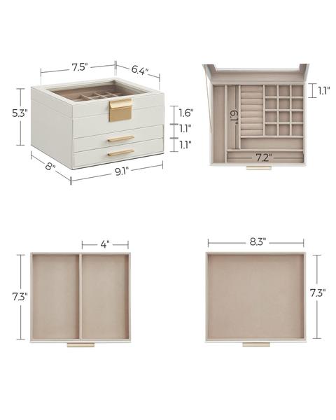 Imagem de Caixa de joias SONGMICS Organizador de 3 camadas com tampa de vidro e 2 gavetas