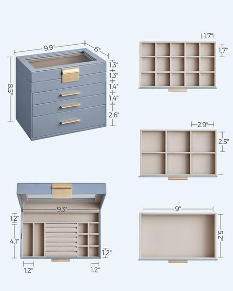 Imagem de Caixa de joias SONGMICS, organizador de 4 camadas com tampa de vidro, azul esfumaçado
