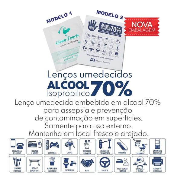 Imagem de Caixa de Lenço Umedecido Proteção Alcool 70% Isopropilico 100 Unidades Embaladas Individuais