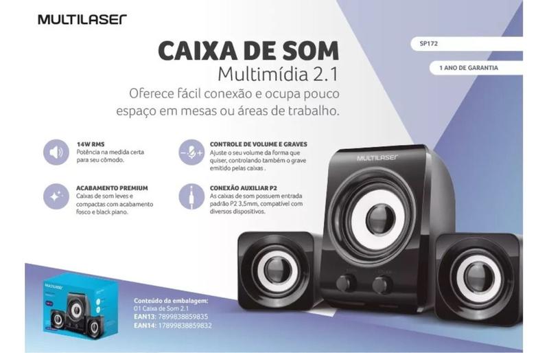 Imagem de Caixa De Som 2.1 Subwoofer 14w RMS Usb Conexão P2 Multi Sp172 Computador