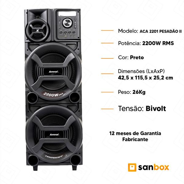 Imagem de Caixa de Som Amplificada Amvox  ACA 2201 Pesadão II LED BT 2200W  