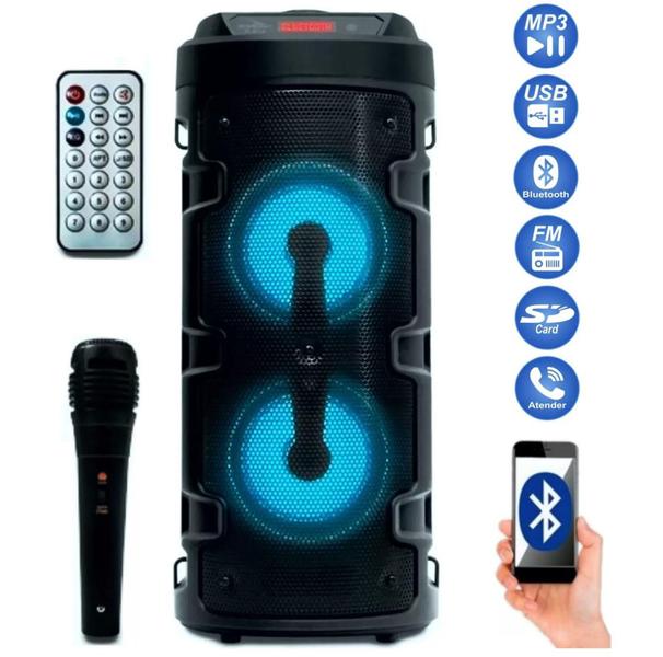 Imagem de Caixa De Som Bluetooth c/ microfone Karaoke FM Usb Cartão Sd 2 alto falante controle remoto bateria