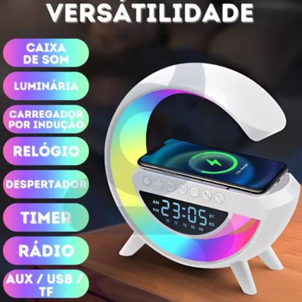 Imagem de Caixa De Som Bluetooth Carregador Indução Relógio Abajur