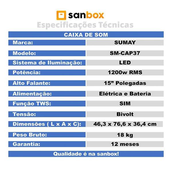 Imagem de Caixa de Som Bluetooth Sumay Sm-Cap37 15" LED PowerX 1200w RMS Bivolt