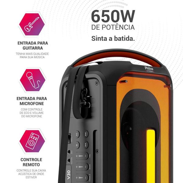 Caixa de Som Philco PCX6700 650W, Bluetooth, Luzes e Bateria