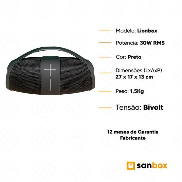 Imagem de Caixa de Som Portatil Sumay Lionbox 30w Ubs Led TWS IPX6 - Preto