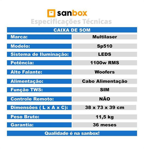 Imagem de Caixa De Som Pulse Pulsebox 2 Double 8 Sp510 Led 1100W