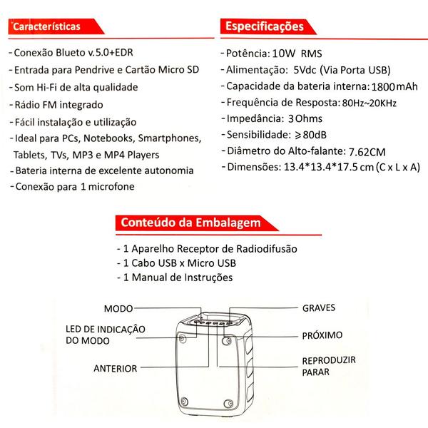 Imagem de Caixa de Som Sem Fio Grasep Portátil com FM Alça para Carregar Preta