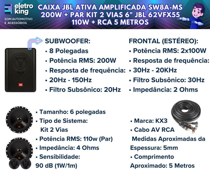 Imagem de Caixa Jbl Ativa Sw8a-ms + Par Kit 2 Vias 6 110w + Cabo Rca