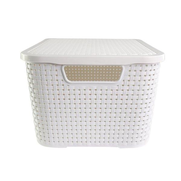 Imagem de Caixa Organizadora Branca Rattan Cesto Espaçoso com Tampa Capacidade 15 Litros 18cm x 35cm x 26cm