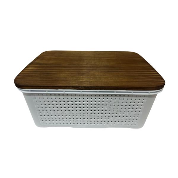 Caixa Organizadora Cesto Multiuso 10 Litros Rattan Empilhavel com Tampa de Madeira Pinus - Branco - PRATIC Imagem de Caixa Organizadora Cesto Multiuso 10 Litros Rattan Empilhavel com Tampa de Madeira Pinus - Branco