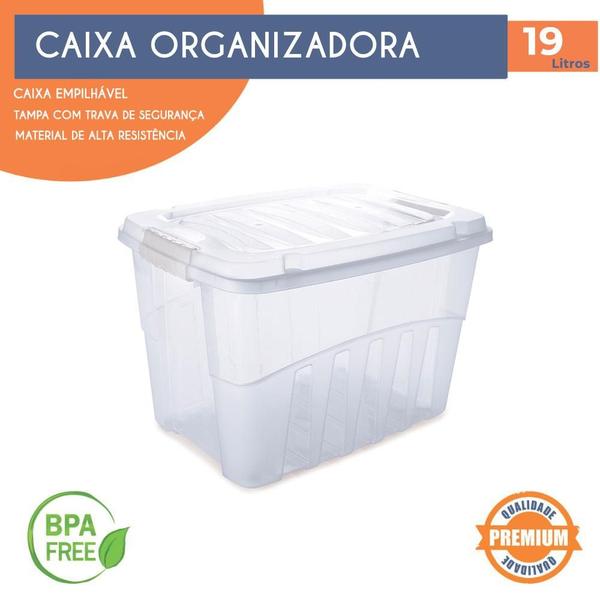 Imagem de Caixa Organizadora Gran Box 19 Litros Transparente com Tampa e Travas Laterais Empilhável e Durável