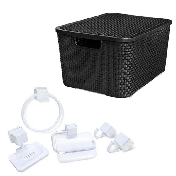 Imagem de Caixa Organizadora Rattan 7Lts + Kit Banheiro 5Pçs Branco