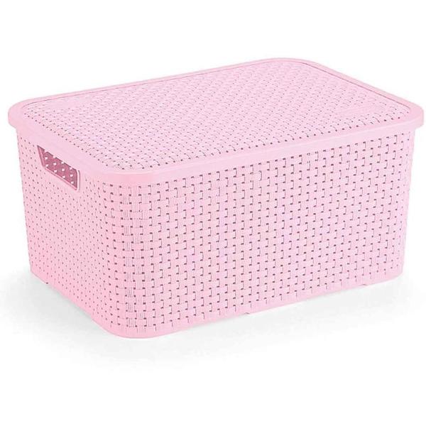 Imagem de Caixa Plástica Multiuso Rattan com Tampa Rosa BB - Grande 16L