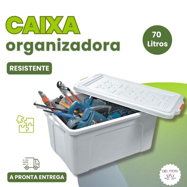 Imagem de Caixa Plastica Organizadora 70 Litros Cesto Multiuso Branca Com Tampa Documentos Brinquedos Roupas Sapatos Arquivo