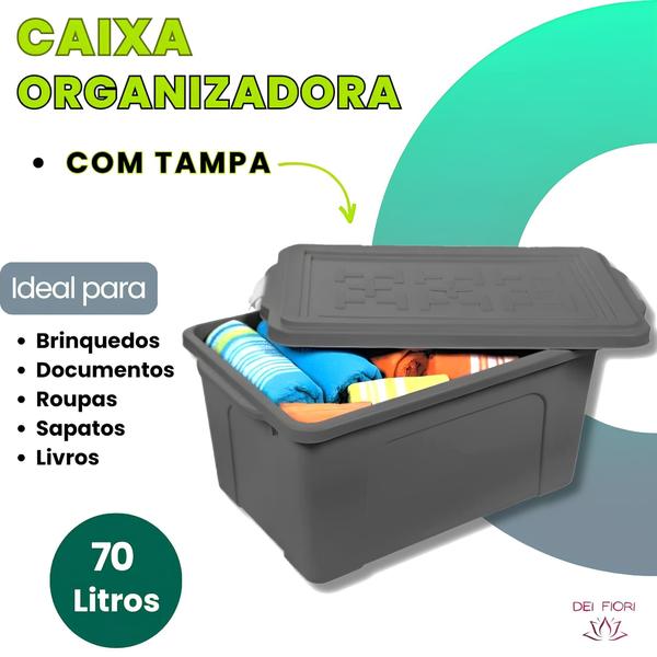 Imagem de Caixa Plastica Organizadora 70 Litros Cesto Multiuso Preto Com Tampa Documentos Brinquedos Roupas Sapatos Arquivo