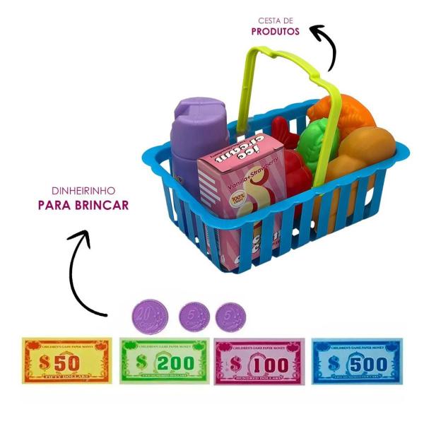 Imagem de Caixa Registradora com Luz e Som Mercadinho Cesta de Produtos Brinquedo Presente Dinheiro Comidinha Brinquedo Educativo