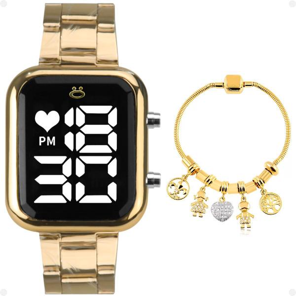 Imagem de Caixa + relogio feminino dourado digital + pulseira pandora qualidade premium casual social original