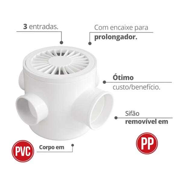 Imagem de Caixa Sifonada Redonda Três Entradas 100 X 100 X 50 mm Branca Durín