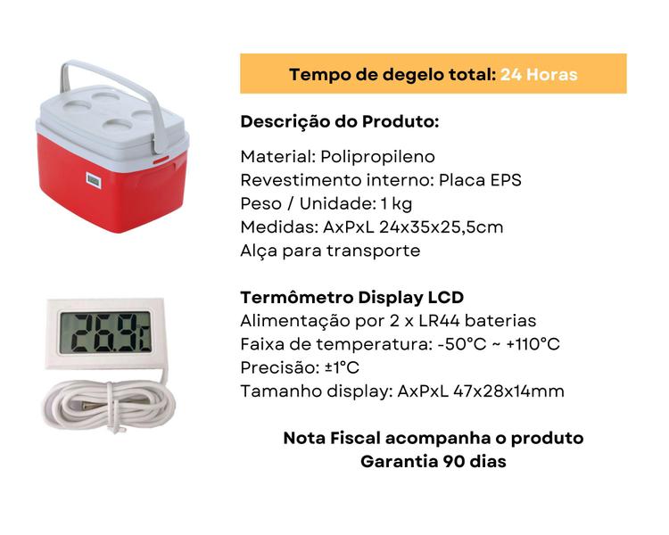 Imagem de Caixa Térmica Cooler 12 litros com Termômetro Digital Certificado de Calibração para Transporte Vacinas Medicamentos e Refrigerados