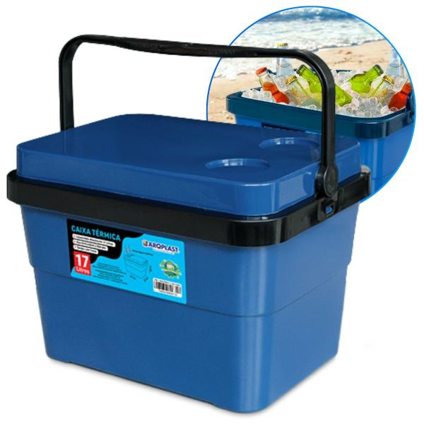 Caixa Termica Cooler 17L Azul Bebidas Com Porta Copos e Lata