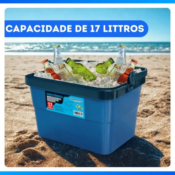 Caixa Termica Cooler 17L Azul Bebidas Com Porta Copos e Lata