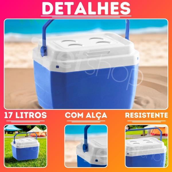 Imagem de Caixa Térmica Cooler 17L Praia Piscina Camping c/ Alça Porta Copo na Tampa