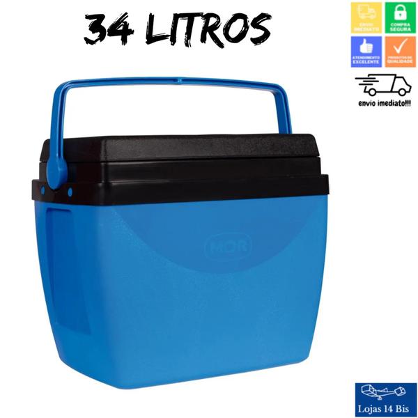 Imagem de Caixa Térmica Cooler 34 Litros Mor Para 50 Latinhas ou 7 Garrafas Pet 2L Azul com Preto