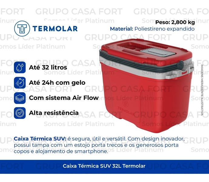 Imagem de Caixa Térmica Cooler Termolar 2 Porta Copos Abertura Deslizante Alças Resistentes Suv - 32 Litros