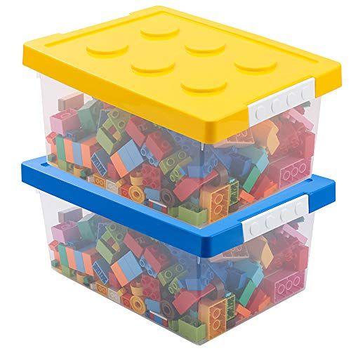 Imagem de Caixas organizadoras de armazenamento de brinquedos LUCKY-GO com tampa - Conjunto de caixa organizador de plástico empilhável de 2, baús de brinquedo kids com placa base de edifício compatível e tampa, recipiente de armazenamento para construção de