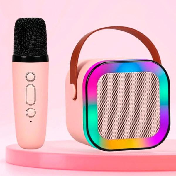 Imagem de Caixinha Bluetooth Infantil Karaokê LED Microfone Portátil