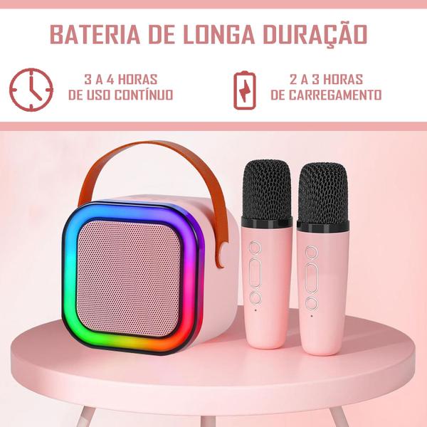 Imagem de Caixinha Caixa de Som Karaokê Infantil Com 02 Microfones Sem fio Bluetooth