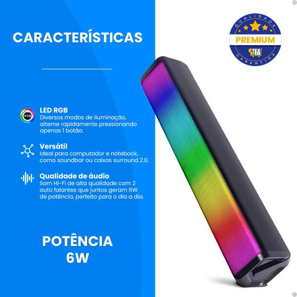 Imagem de Caixinha Som Gamer Led RGB Soundbar Notebook Monitor P2 Usb