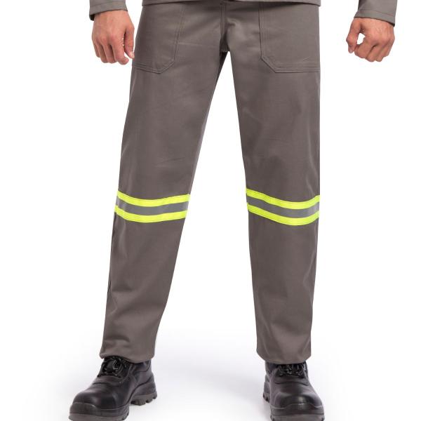 Imagem de Calça Brim Uniforme Profissional Faixa Refletiva Trabalho Obra Servente Logística Mecanico Pintor