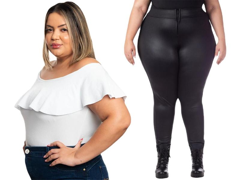 Imagem de Calça Feminina Cirrê Skinny Com Elastano Plus Size Cintura Alta + Body Feminino Manga Ciganinha Liso Babado